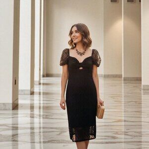 NWT BELLEVUE THE LABEL Raven Lace Midi Dress in Black